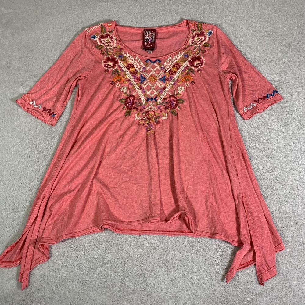 JWLA Johnny Was Tunic Top Womens Medium Pink Embroidered Floral 3/4 Sleeve Boho